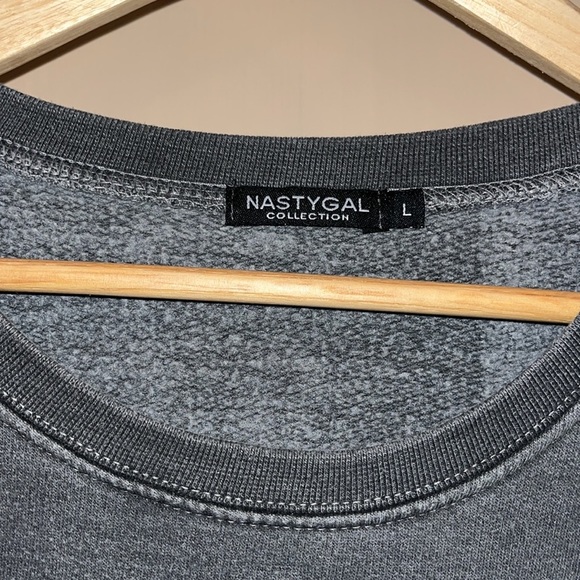 NastyGal grey oversized distressed finish sweatshirt w/ pink wording size large - Picture 3 of 6